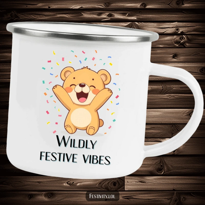 Funny Bear Cub Camping Mug shows a delighted cub tossing confetti, perfect for adding humor to outdoor adventures.