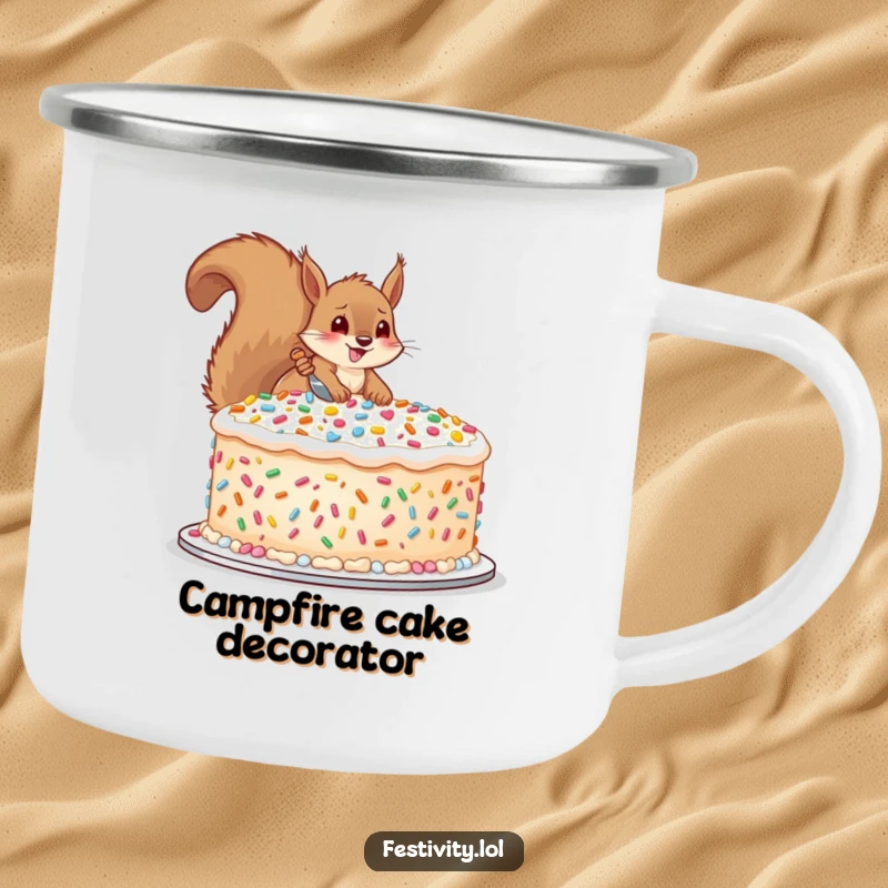 Funny camping mug featuring a happy squirrel decorating a large cake with oversized sprinkles, perfect for outdoor enjoyment.