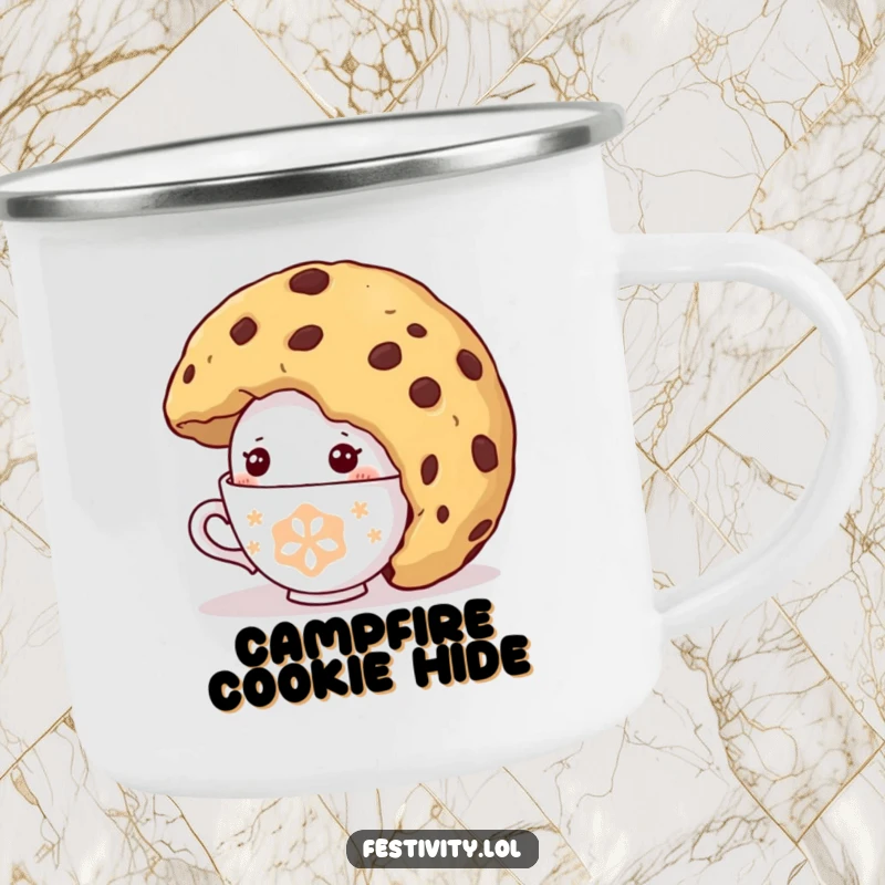 Funny Shy Teacup Camping Mug: A durable enamel mug with a shy teacup character comically peeking from under a giant cookie, perfect for outdoor sweet humor.