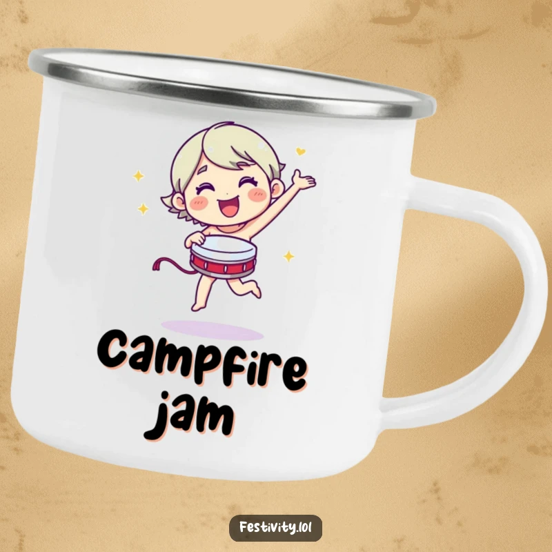 Funny merry character dancing energetically with a tambourine on a durable camping mug.
