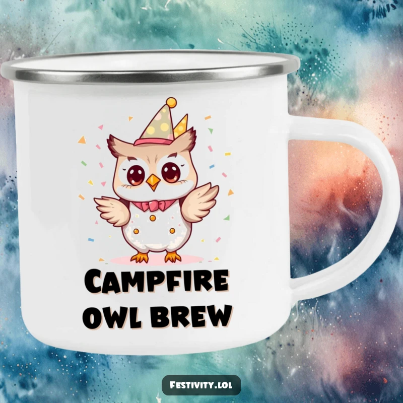 Funny tiny owl character dressed as a party planner, excitedly tossing confetti on a durable camping mug.