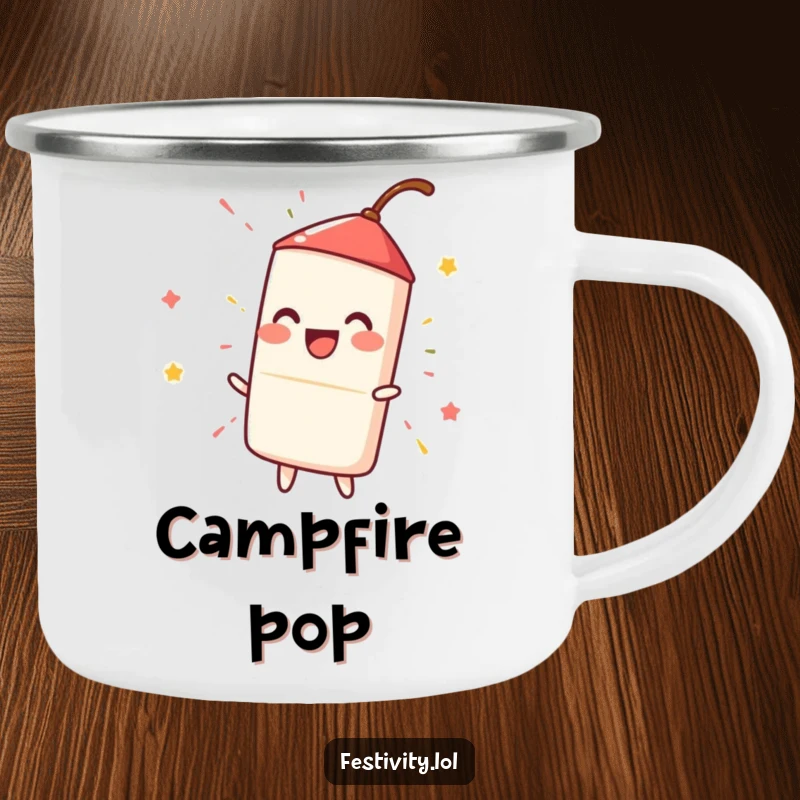 Funny firecracker igniting with a loud, fun spark, a humorous and durable camping mug for adventurers.