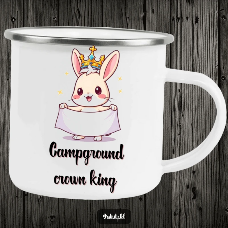 Funny rabbit camping mug showing a cheerful rabbit wearing a crown and holding a banner, perfect for outdoor enthusiasts who love a laugh.