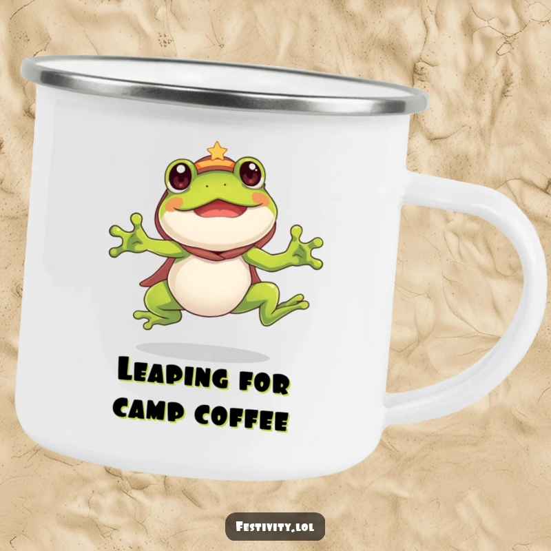Funny Frog Camping Mug: A silly frog in costume leaps with enthusiasm, ready for outdoor fun and humorous drinks.