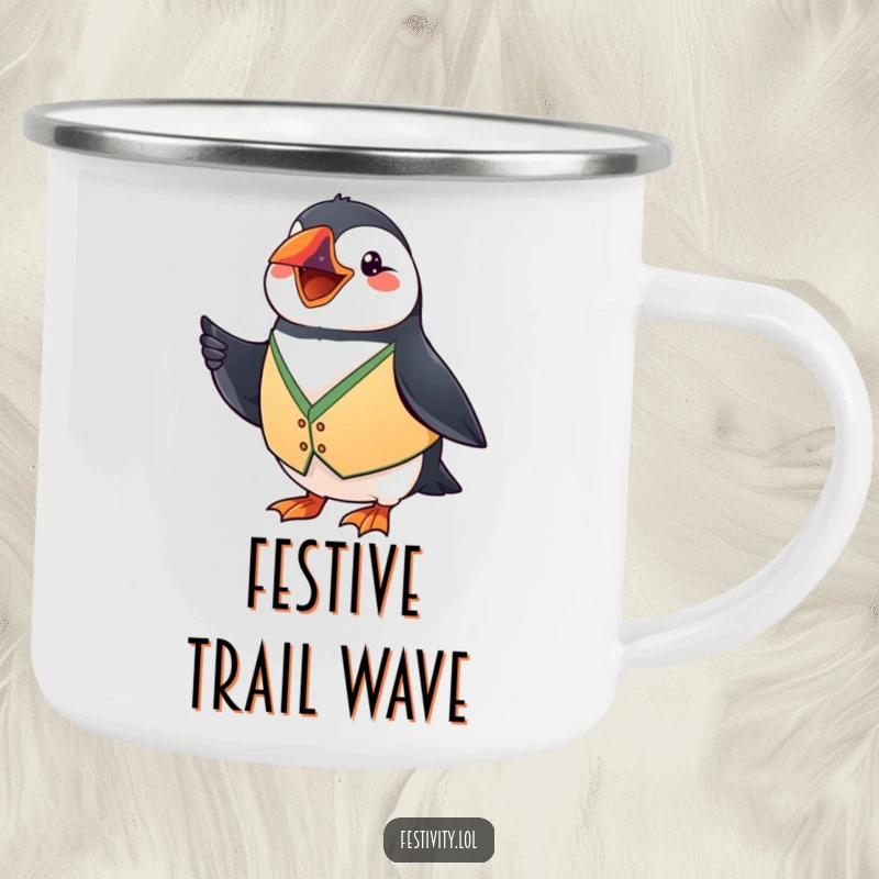 Funny Puffin Camping Mug: A grinning puffin waves a tiny flag, ready for outdoor fun and humorous drinks.