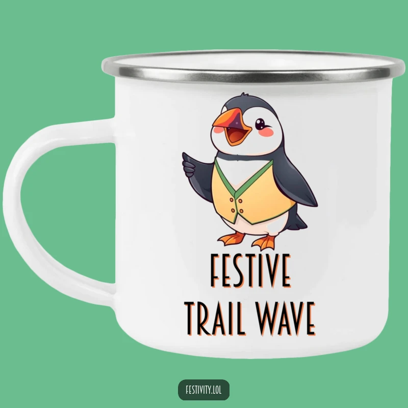 Durable Funny Puffin Flag Camping Mug: Festive Adventures Await