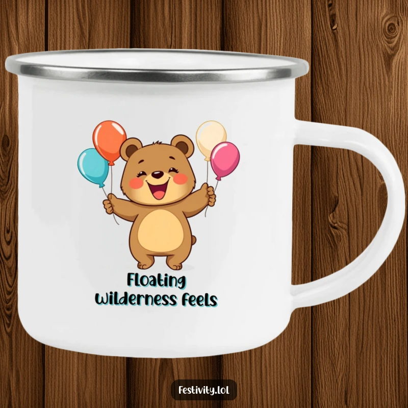 Funny bear camping mug showing a happy bear juggling balloons, perfect for outdoor enthusiasts who appreciate a good laugh.
