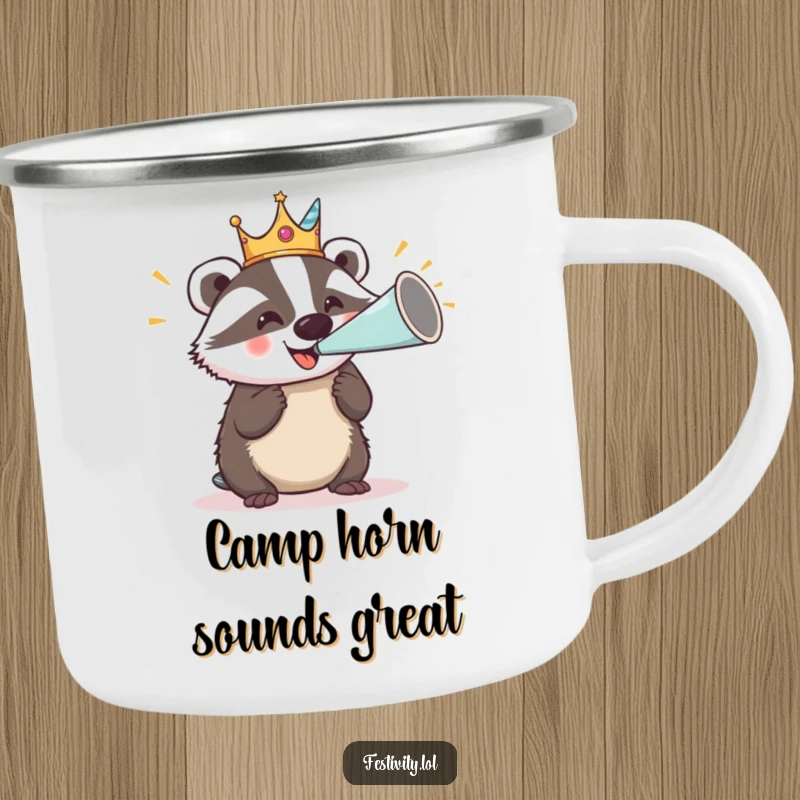 Funny camping mug featuring a delighted badger in a silly crown blowing a large party horn, perfect for outdoor fun.