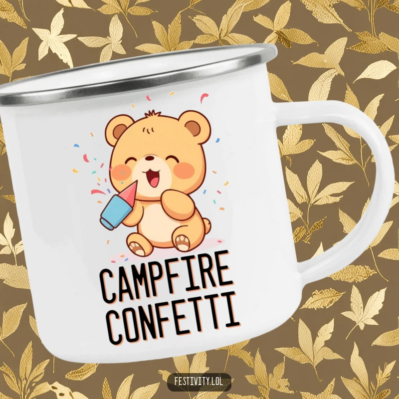 Funny Camping Mug: A delighted bear cub popping confetti from a party popper, a durable and humorous mug for campers.