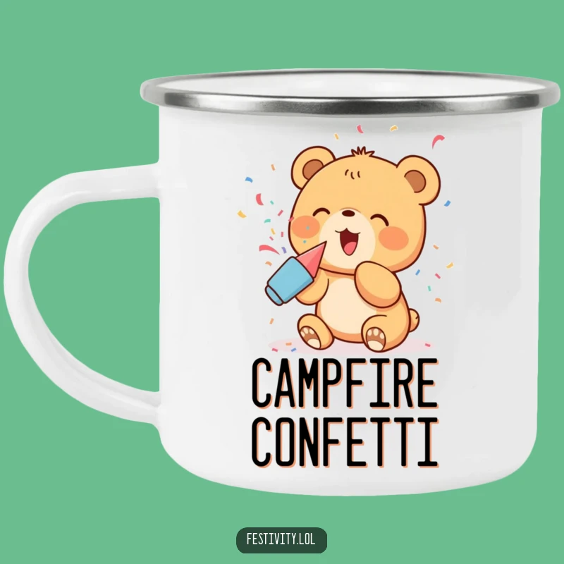 Funny Bear Cub Party Camping Mug: Excited Cub's Confetti Brew, Outdoor Humor Gift