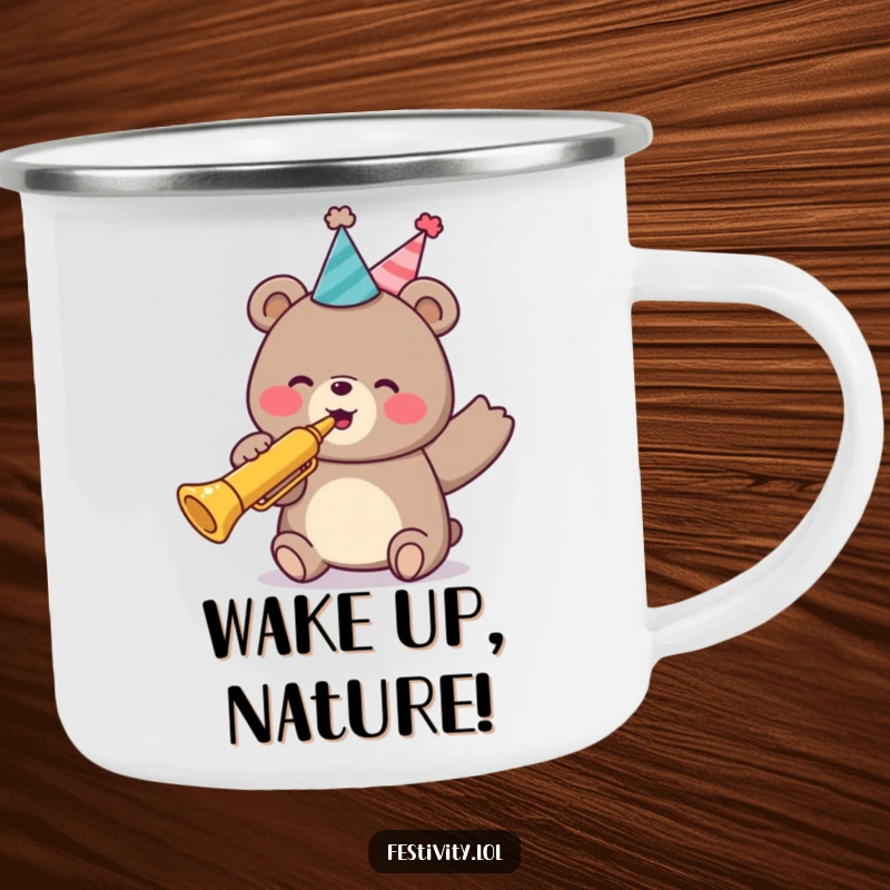 Funny camping mug with a happy bear in party attire, blasting a trumpet, designed for outdoor cheer and laughter.