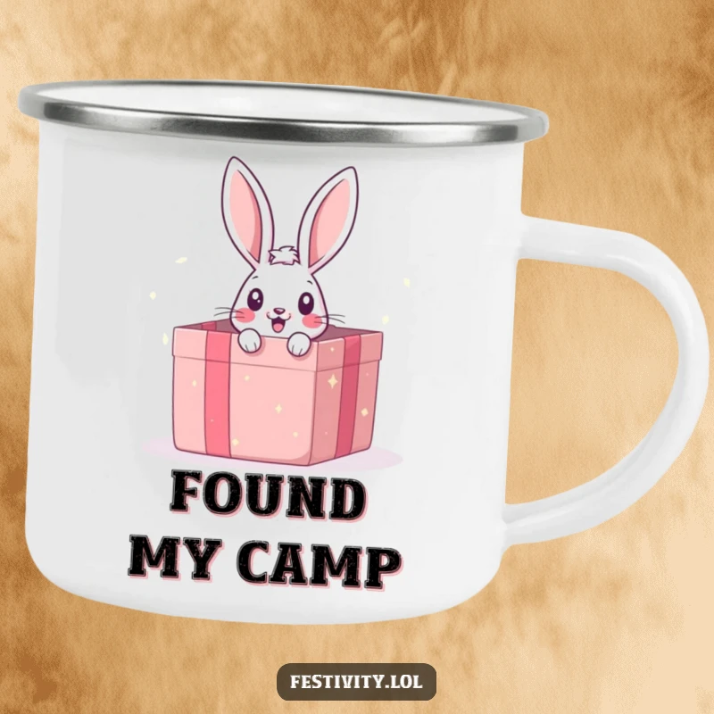 Funny camping mug with a surprised bunny peeking from a giant gift box, perfect for cute outdoor hydration.