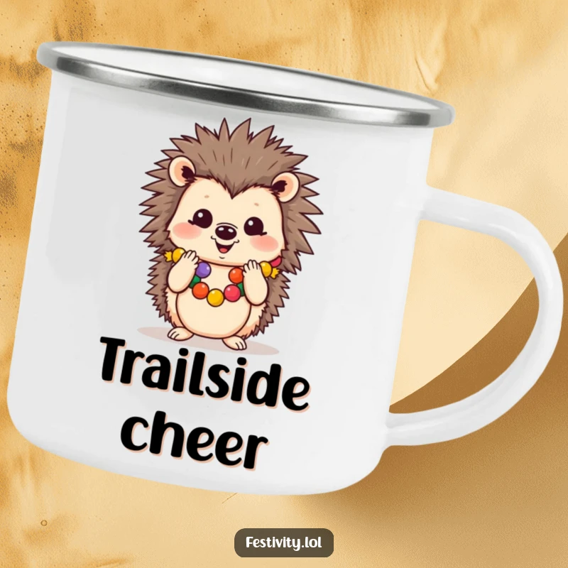 Funny camping mug showing a cheerful hedgehog in a festive garland, clapping paws, perfect for outdoor festivities.