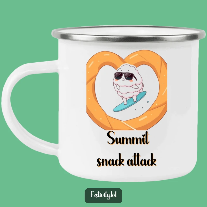 Funny Cloud Surfer Pretzel Camping Mug: Adventure Fuel with Surreal Humor