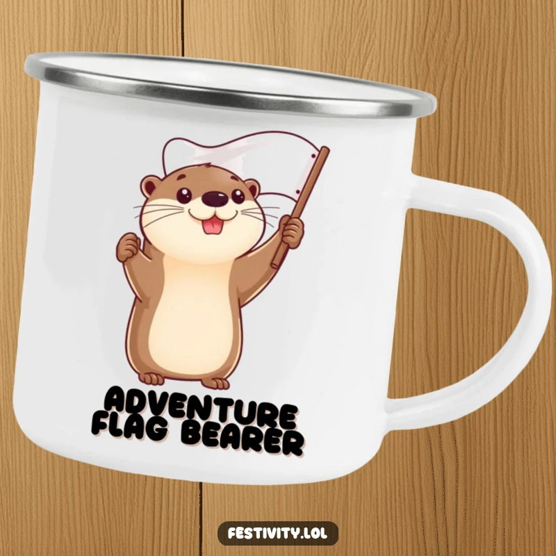 Funny camping mug with a determined otter holding a flag, perfect for outdoor achievement.