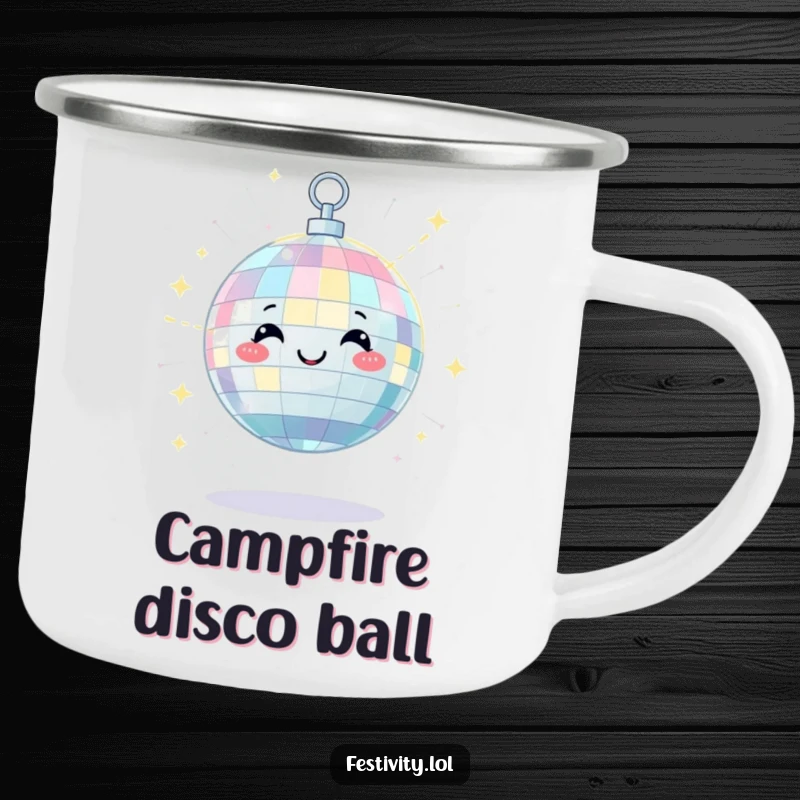 Funny camping mug with a satisfied disco ball character scattering beams of light with a happy twinkle, ideal for outdoor fun.