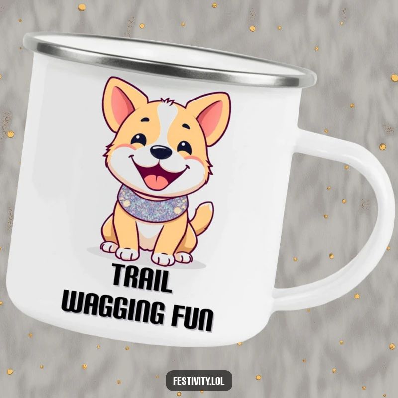 Funny camping mug: A smiling dog in a festive glitter collar, tail wagging furiously, perfect for outdoor enjoyment.