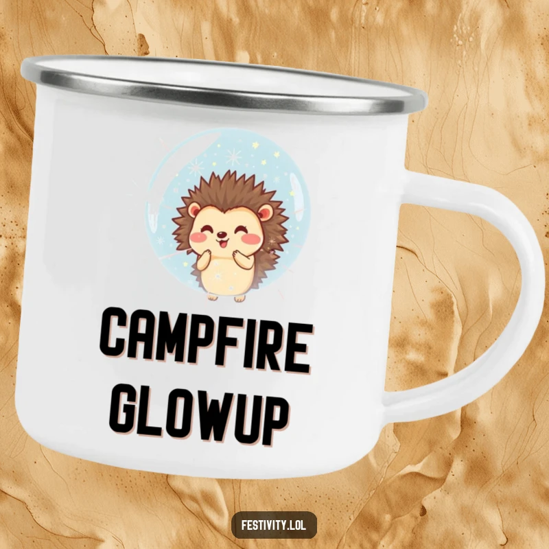 Funny camping mug with a smiling hedgehog blowing a giant bubble of tiny fireworks, ideal for festive outdoor fun.