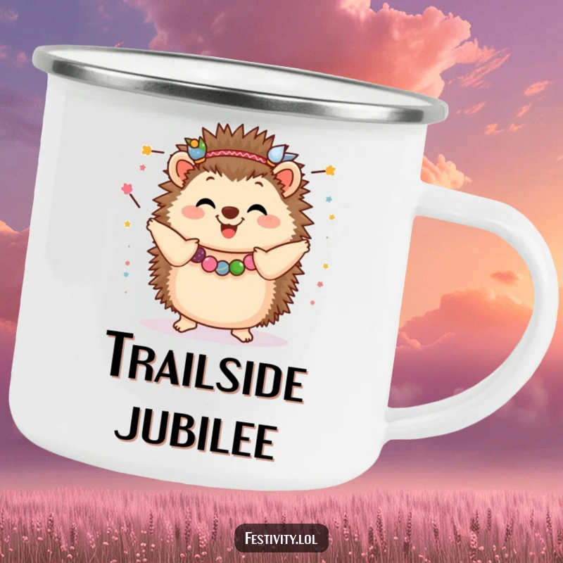 Funny Hedgehog Camping Mug: A happy hedgehog dancing with garlands, bringing festive cheer to your wilderness adventures.