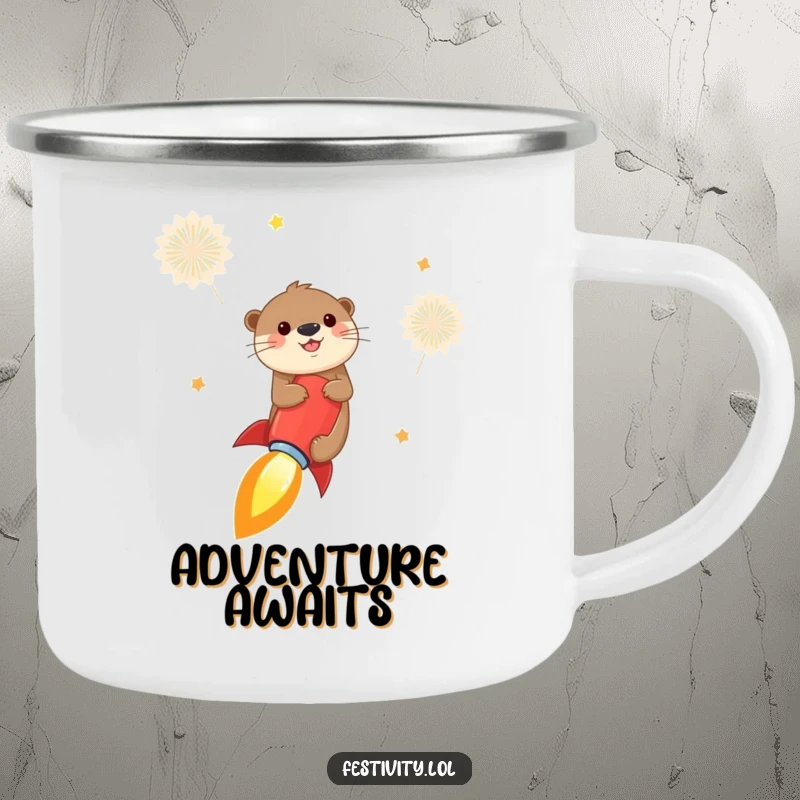 Funny otter camping mug with a cheerful otter riding a firecracker like a rocket into the sky, designed for outdoor enthusiasts who love humor and adventure.