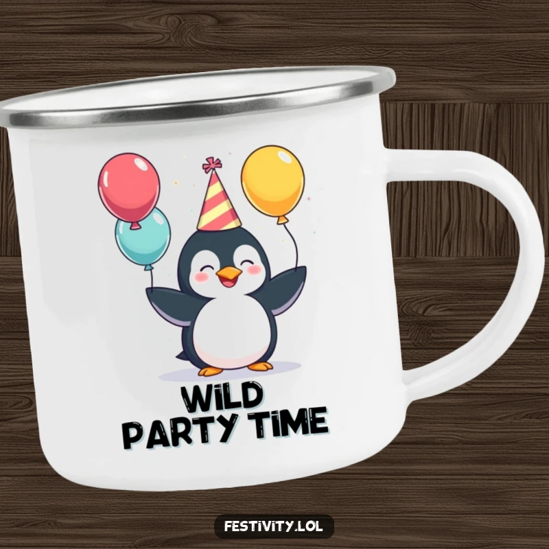 Funny Camping Mug: A giggling penguin wearing a party hat, juggling balloons, a durable and humorous mug for campers.