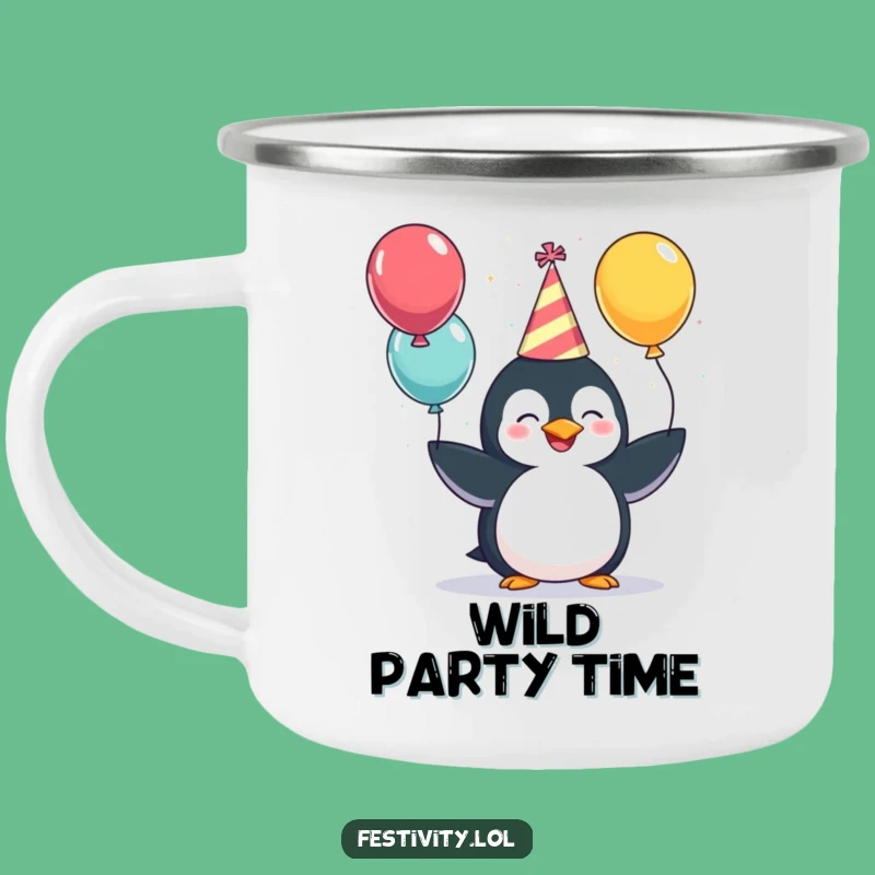 Funny Penguin Party Camping Mug: Giggling Juggler's Festive Brew, Outdoor Humor Gift