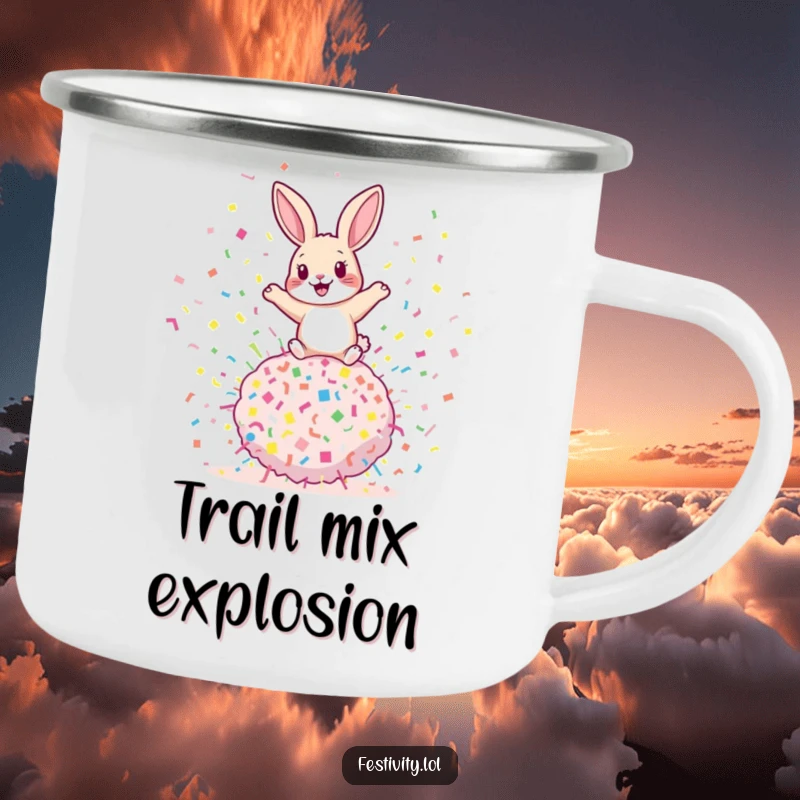 Funny rabbit camping mug with a playful rabbit bouncing on a giant confetti bomb, designed for outdoor enthusiasts who love humor and excitement.