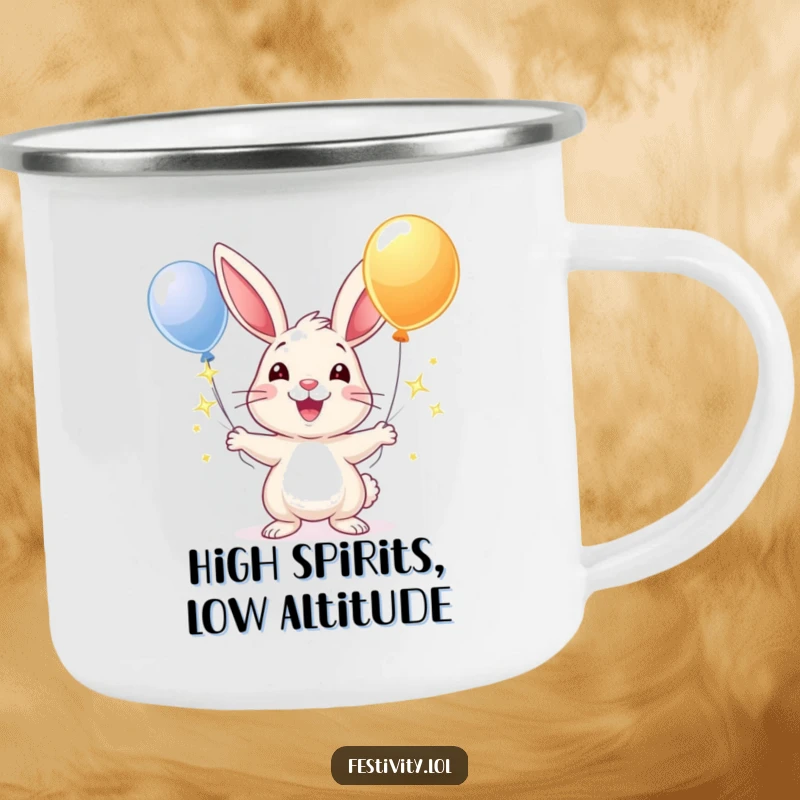 Funny camping mug showing a happy rabbit juggling shiny balloons, designed for cheerful outdoor moments and bright smiles.