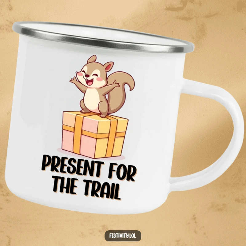 Funny camping mug showing a delighted squirrel bouncing excitedly on a giant present.