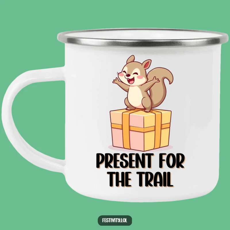 Funny Squirrel Camping Mug: Trail Joy with a Rodent on a Giant Present
