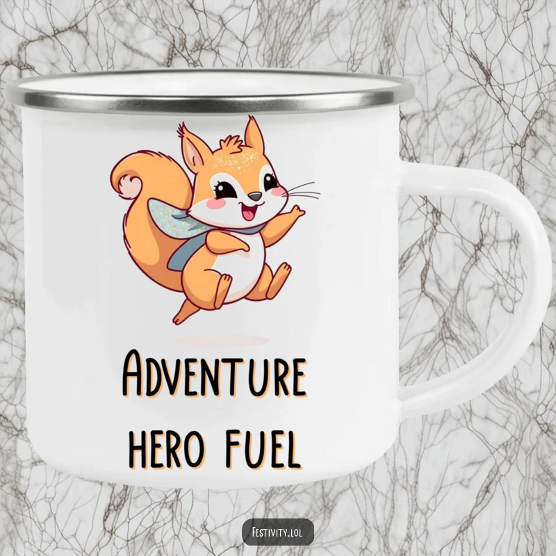 Funny camping mug with a playful squirrel wearing a sparkly cape, leaping joyfully, perfect for outdoor heroes.