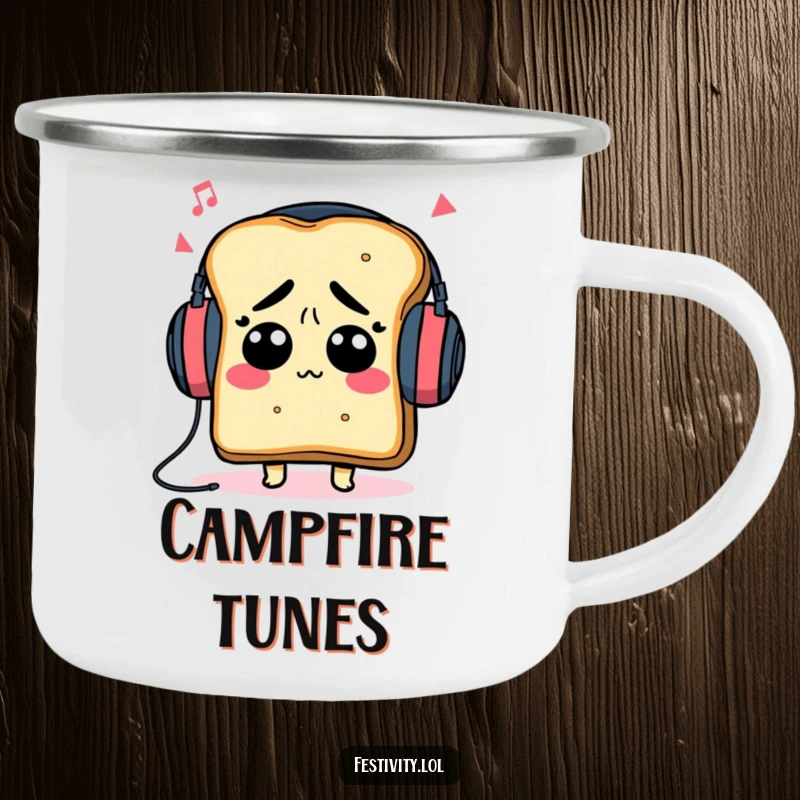 Funny confused toast with headphones, enjoying music outdoors, on a sturdy and funny camping mug.