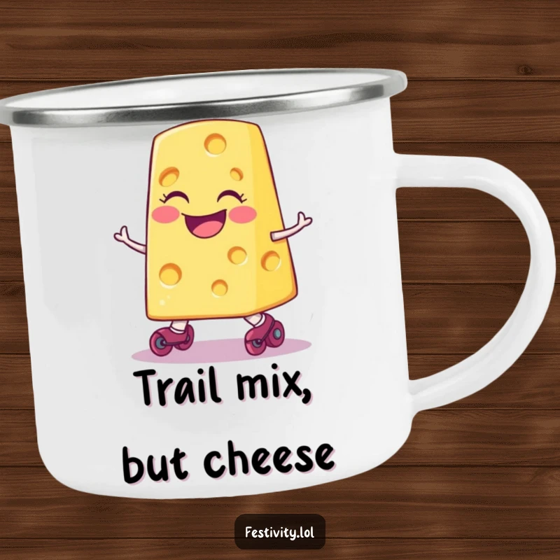 Funny smiling slice of cheese wearing tiny roller skates, comically tripping, depicted on a sturdy camping mug for rugged humor.