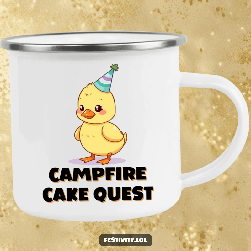 Funny camping mug showing a wobbly duckling balancing a cake with candles, perfect for outdoor birthday fun.