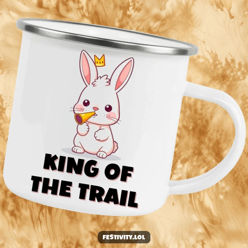 Funny camping mug showing a curious rabbit with a crown, blowing a party horn.
