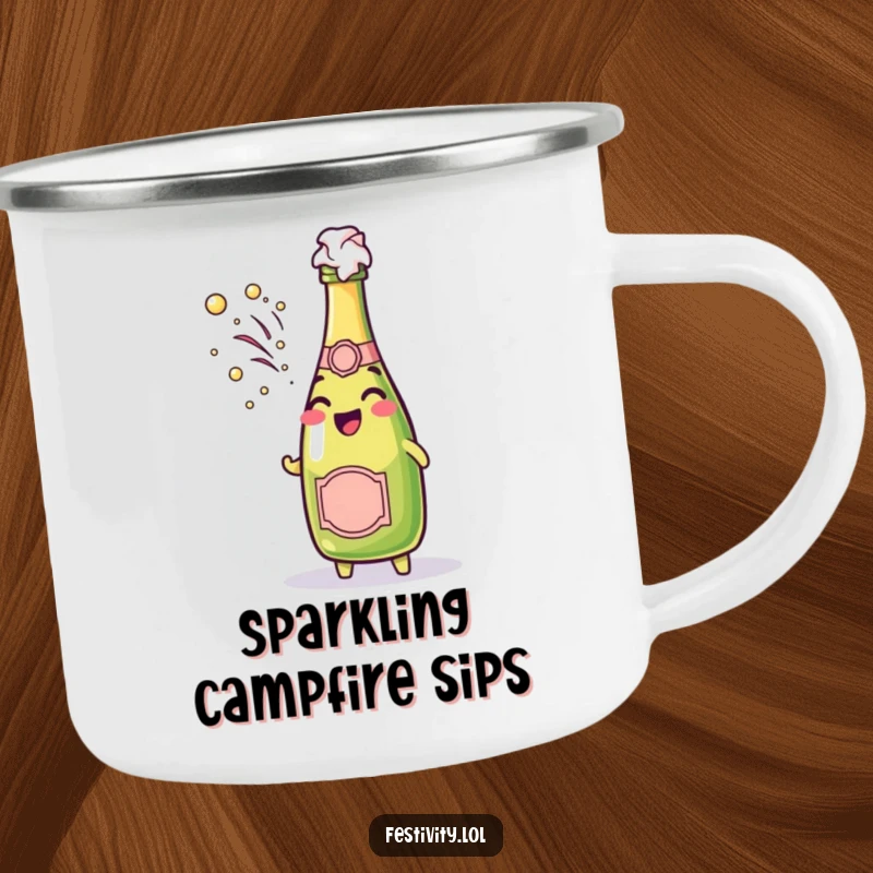 Funny cheerful champagne bottle character spraying bubbly foam on a durable camping mug.
