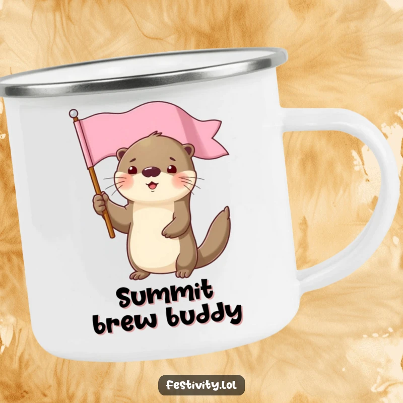 Funny determined otter character holding a flag high camping mug, ideal for outdoor celebrations.