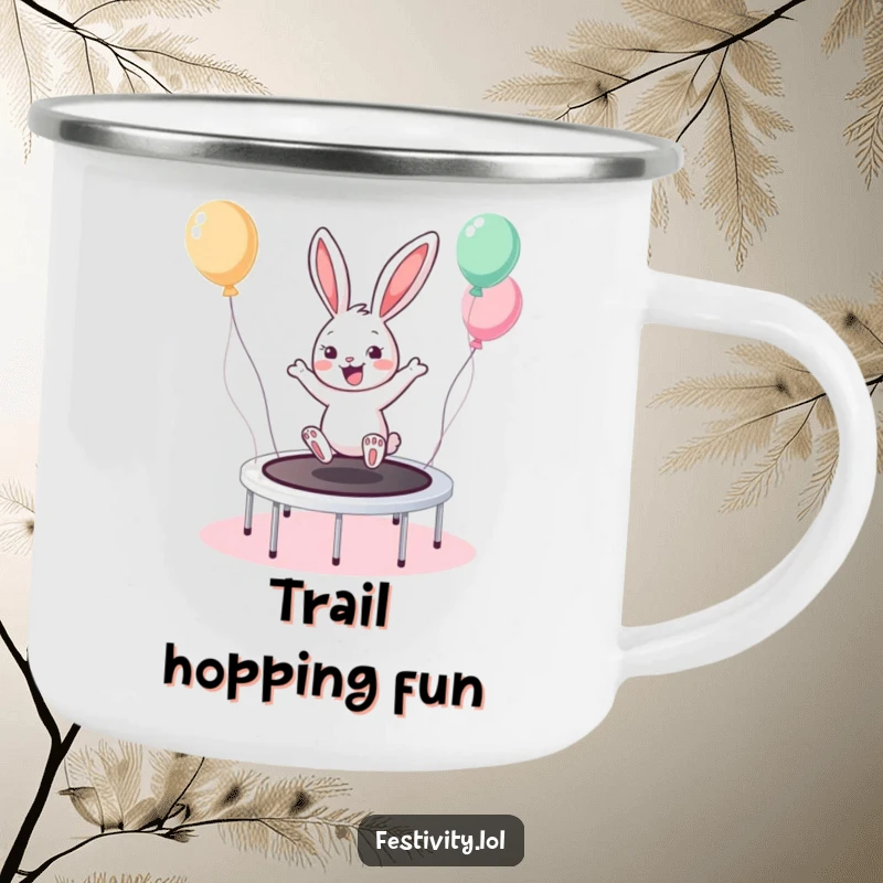 Funny Bunny Trampoline Camping Mug shows a cheerful bunny bouncing on a balloon-filled trampoline, perfect for outdoor fun.