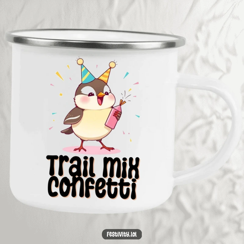 Funny chickadee camping mug depicting an excited bird with a party popper, durable and portable for outdoor adventures and morning coffee.