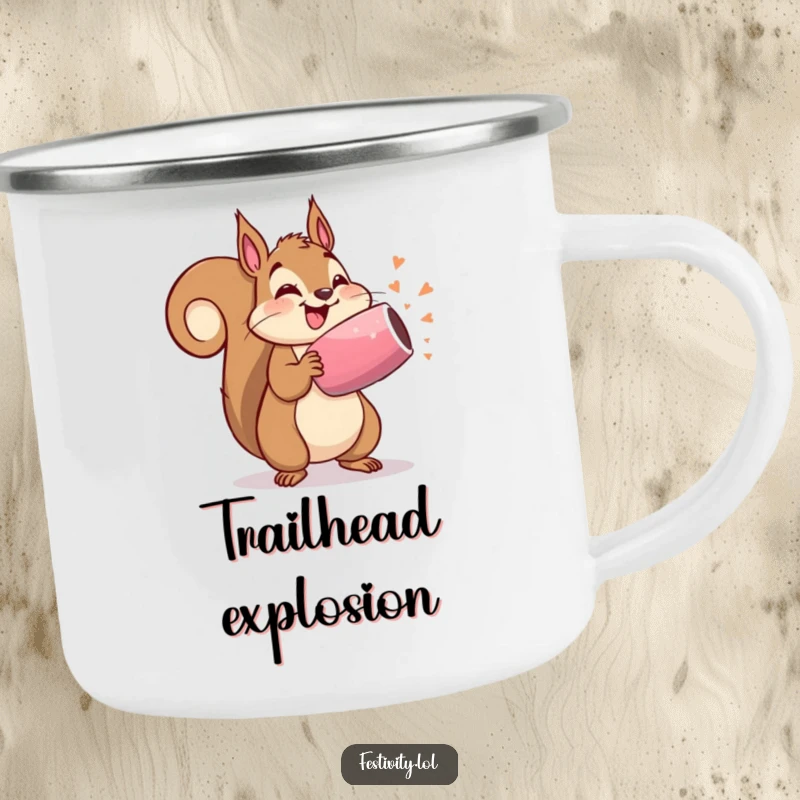 Funny camping mug with a delighted squirrel holding a party popper, ready to burst, rugged and humorous.