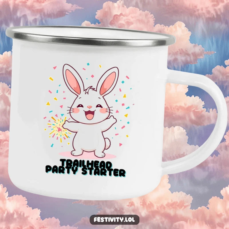 Funny camping mug featuring a happy bunny throwing a confetti bomb, perfect for outdoor adventures and hot beverages.