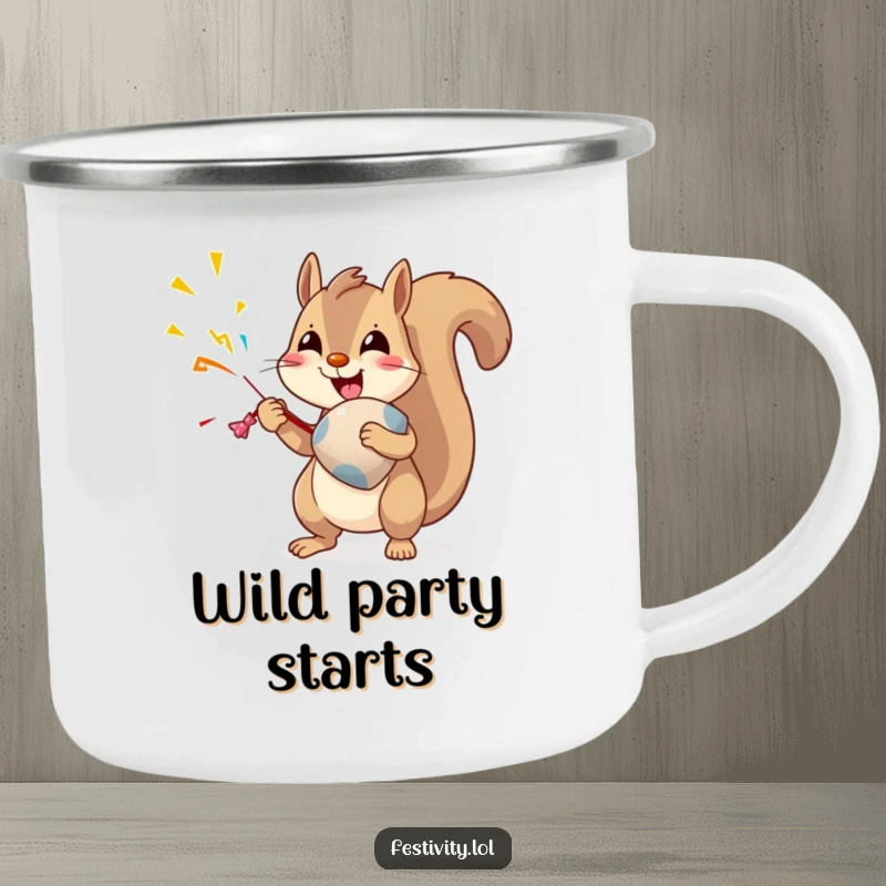 Funny Squirrel Camping Mug: A delighted squirrel pops a party popper, ready for outdoor fun and humorous sips.
