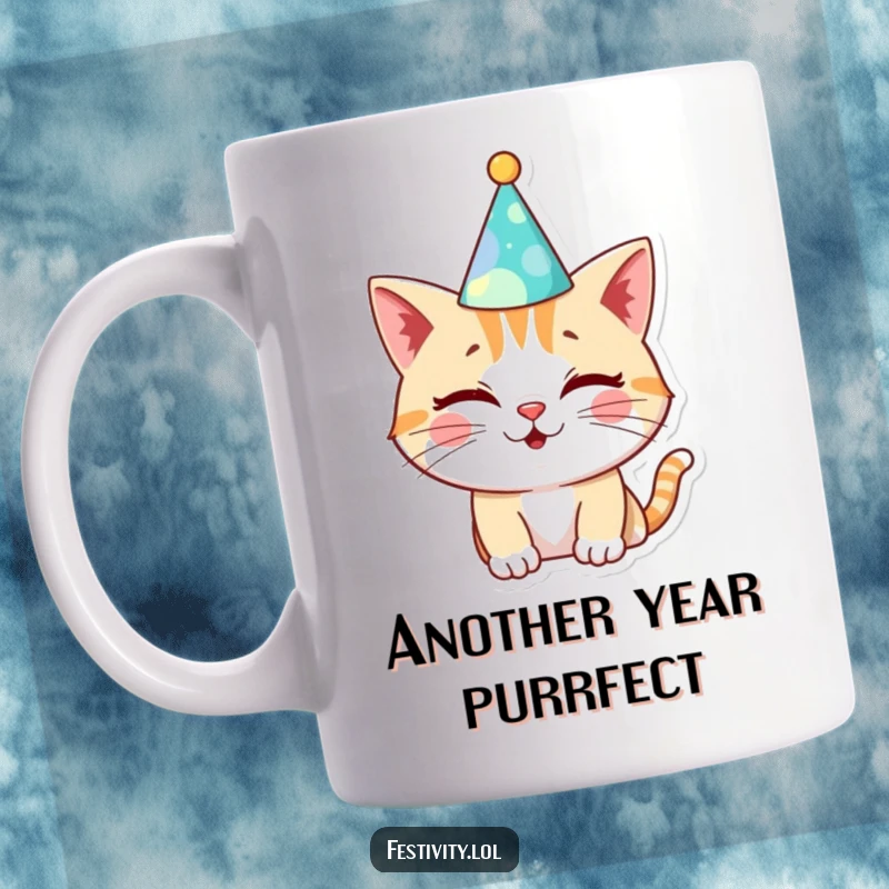 Funny Cat Birthday Mug: A cheerful cat winks playfully while wearing a silly birthday hat, perfect for celebration and humor.