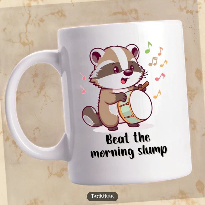 Funny mug showing a determined badger energetically drumming, with musical notes bursting forth, celebrating rhythm and sound.