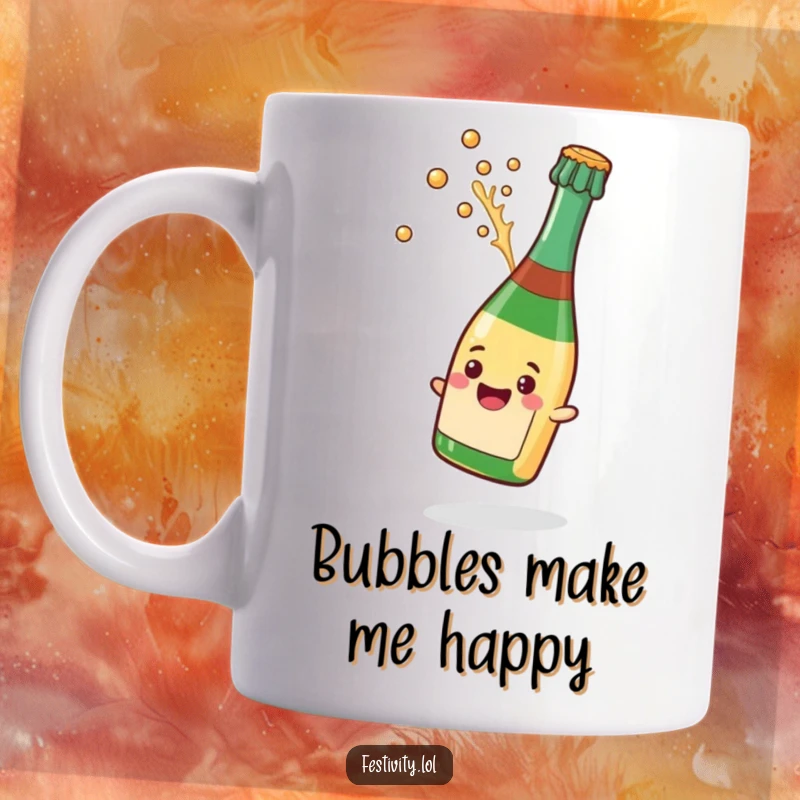 Funny mug featuring a smiling champagne bottle joyfully popping its cork with a dynamic splash, conveying pure celebratory fun.