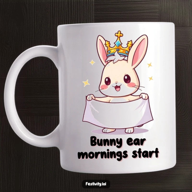 Funny rabbit mug featuring a cheerful rabbit wearing a crown and holding a sparkling banner, embodying playful royalty and happiness.