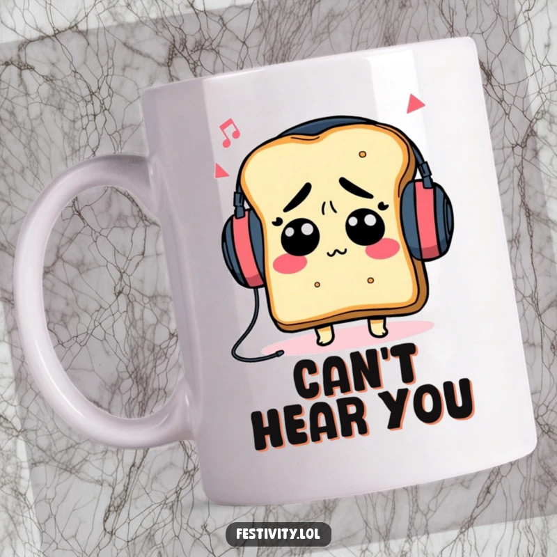 Funny, confused toast character wearing huge headphones, head tilted, lost in music, on a humorous mug.