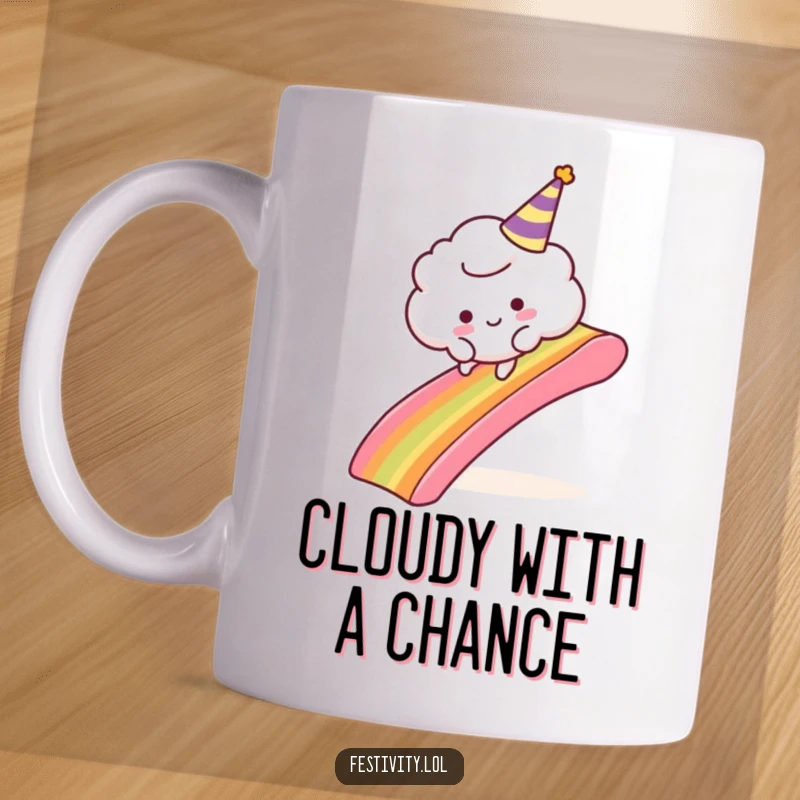 Funny Cloud Party Mug: A fluffy cloud character in a party hat comically tripping over a rainbow slide, bringing whimsical fun.