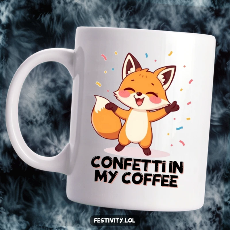 Funny mug featuring a joyful fox dancing with abandon as colorful confetti rains down, capturing pure, uninhibited celebration.
