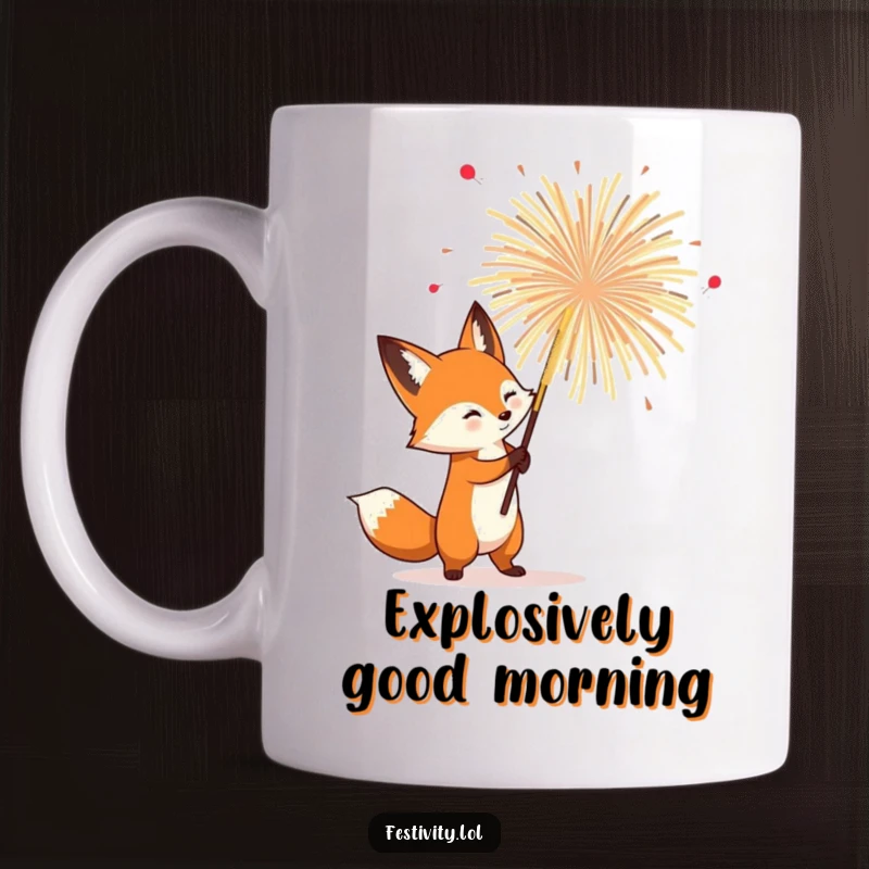 Funny Fox Mug: A determined fox confidently holding a giant firework, ready for a spectacular, explosive bloom.